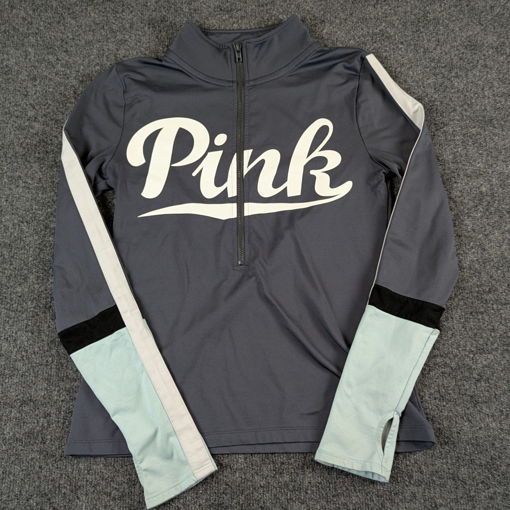 Pink Victoria's Secret Ultimate Quarter Zip Pullover Gray Blue Logo Medium